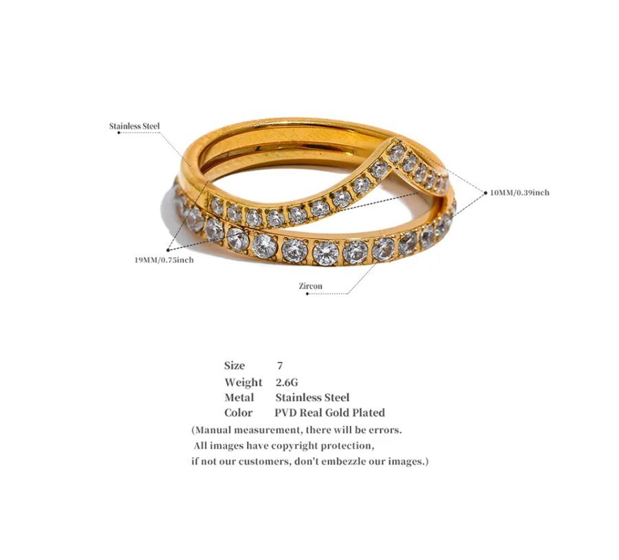 Elegant Layers - Luxury Bling Cubic Zirconia Stainless Steel Round Double Layer Thin Ring, Perfect for Wedding and Engagement, a High-Grade Jewelry Gift