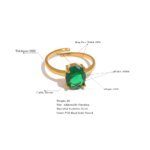 Trendy Elegance – Emerald Green Cubic Zirconia Stainless Steel Open Ring with Waterproof Texture, Adjustable for Daily Jewelry, Perfect for Women
