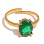 Trendy Elegance – Emerald Green Cubic Zirconia Stainless Steel Open Ring with Waterproof Texture, Adjustable for Daily Jewelry, Perfect for Women