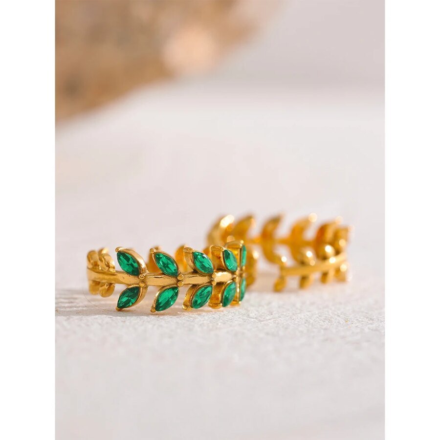 Leafy Elegance - Fashion Leaf Stainless Steel Green Cubic Zirconia Open Ring with 18K Gold Plating, Minimalist and Trendy Delicate Waterproof Jewelry