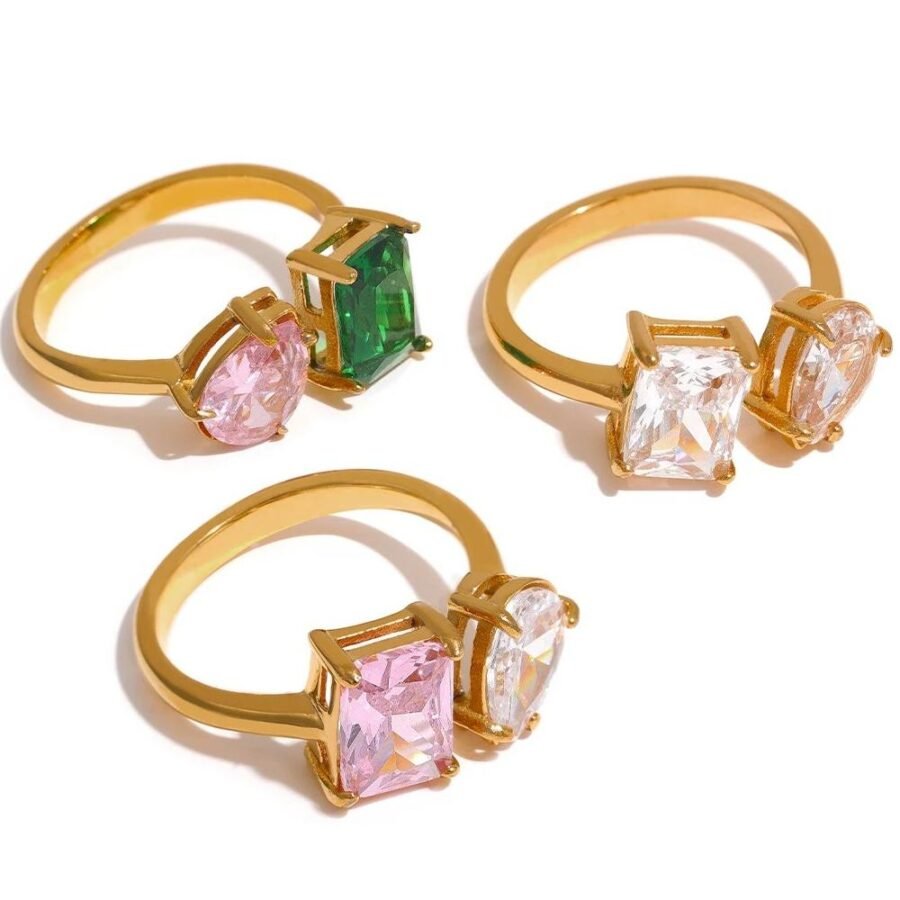Chic Bling Charm - Waterproof Fashion Stainless Steel Pink Green Cubic Zirconia Adjustable Open Ring with Gold Color, Unique Jewelry Accessory