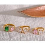 Chic Bling Charm - Waterproof Fashion Stainless Steel Pink Green Cubic Zirconia Adjustable Open Ring with Gold Color, Unique Jewelry Accessory