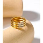Modern Layers - New Unique Layered Geometric Stainless Steel Cubic Zirconia Ring with High-Quality Metal Texture, Trendy Fashion Jewelry for Women
