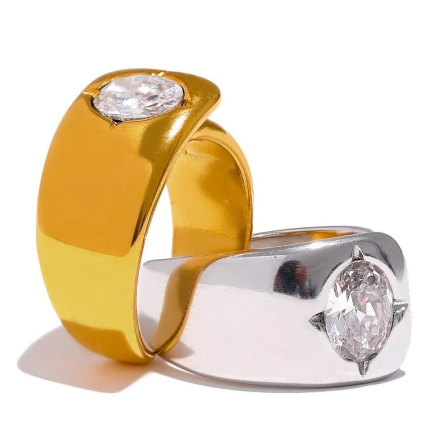 Chunky Elegance - Cast Stainless Steel Geometric Wide Ring for Women with Shiny Cubic Zirconia Charm, Fashioned in Gold Color, Ideal for Party Gift