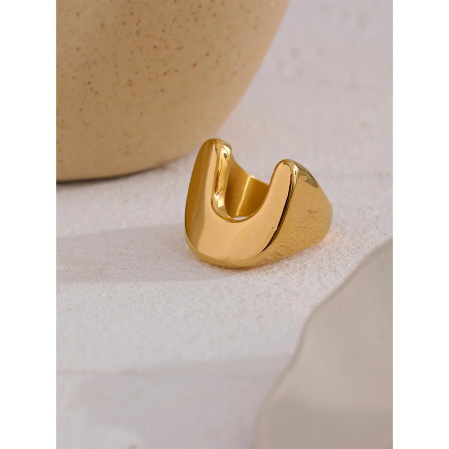U-Shaped Elegance - Statement Metal Stainless Steel 18K Gold Color Texture Ring, Personalized Fashion, Unique Waterproof Charm Jewelry