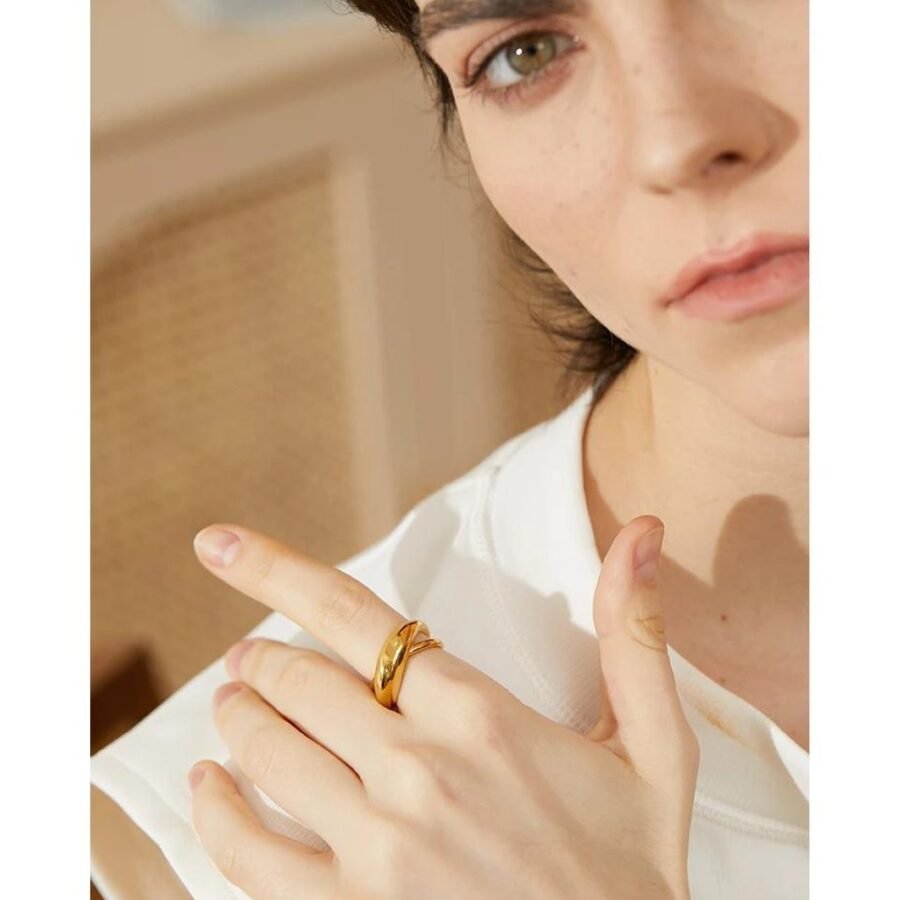 Sleek Overlap - Stainless Steel Metal Overlap Ring in Minimalist Fashion, Waterproof and Trendy, a Statement Jewelry with 18k Gold Plating