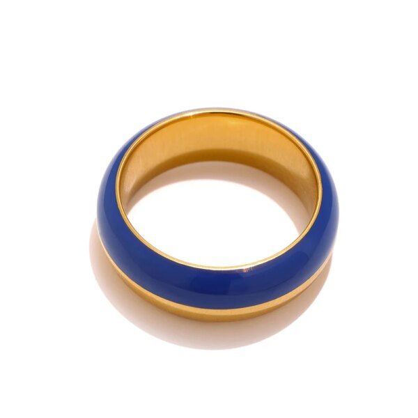 Azure Allure - Stainless Steel Blue Enamel Ring for Women, Trendy Metal Round Finger Ring, Waterproof Jewelry, bague acier inoxydable, and Brand New Design
