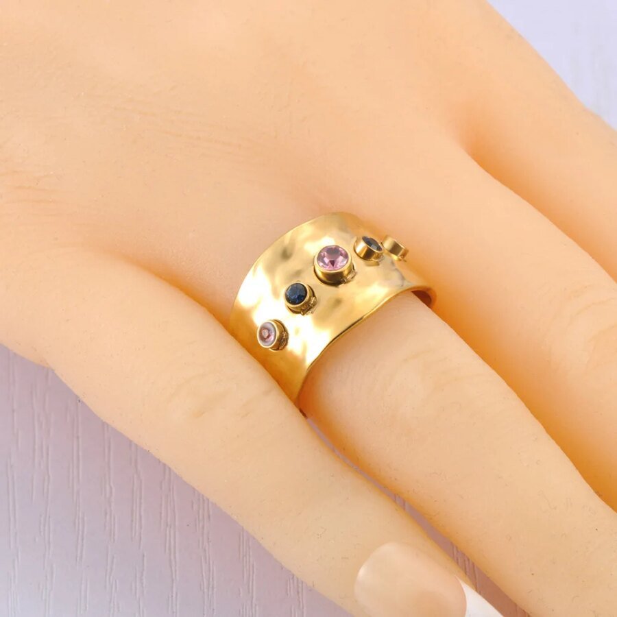 Dazzling Radiance - Fashion Colorful Cubic Zirconia Open Ring for Women, Handmade Cast Stainless Steel, Waterproof Golden Jewelry, Perfect for Gala Occasions