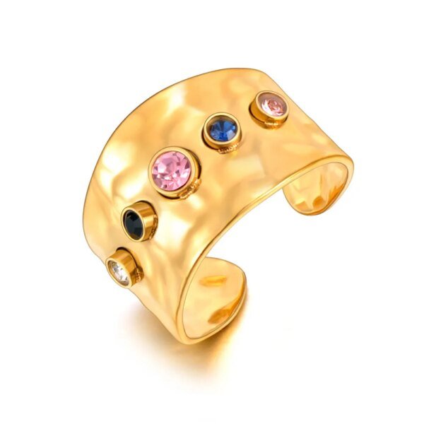 Lokaer Fashion Colorful Cubic Zirconia Open Ring For Women Handmade Cast Stainless Steel Waterproof Golden Jewelry Gala R23078