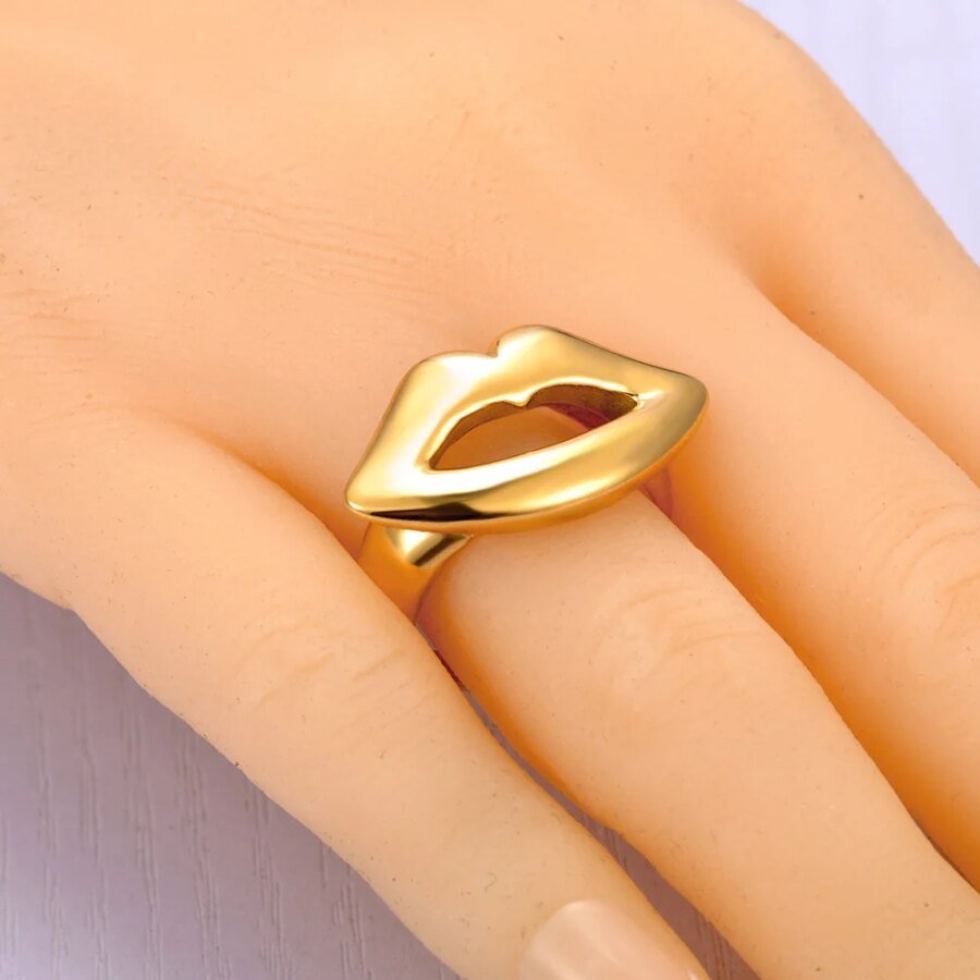 Divine Elegance - Stainless Steel Personalized Lips Rings for Women, a Statement Golden Handmade Metal Casting Ring, Waterproof Jewelry for a Timeless Look