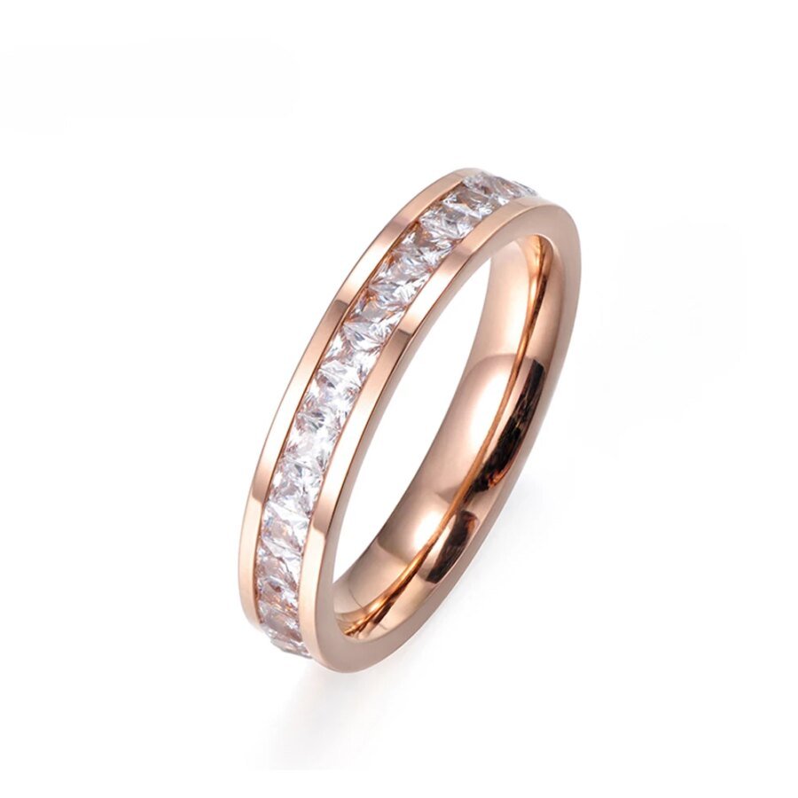 Radiant Love - Simple Mosaic Clear Cubic Zirconia Rose Gold Color Titanium Steel Wedding Rings for Women, an Elegant Anniversary Gift with Timeless Appeal
