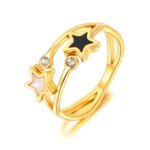 Celestial Harmony - Double Star Black Acrylic & White Shell Rings, Stainless Steel CZ Crystal Party Ring for Women and Girls