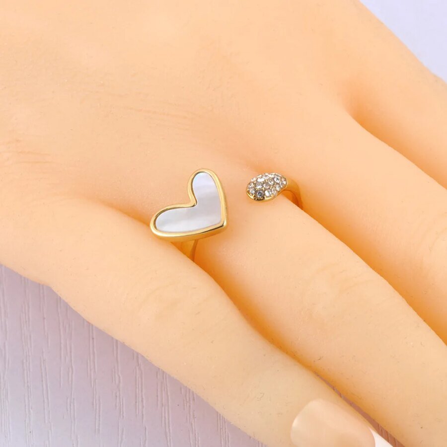 Shell Elegance - Fashion Shell Zirconia Stainless Steel Heart Ring for Women, Waterproof Adjustable, Romantic Stylish Golden Jewelry
