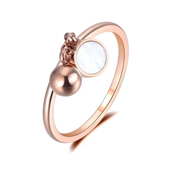 Elegance Unveiled - White/Black Shell Ball Stainless Steel Ring, Rose Gold Color Geometric Anniversary Ring for Women and Girls