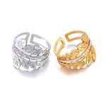 LeafSpark - Rhinestone Leaves Stainless Steel Stylish Ring, Handmade Metal Texture, Waterproof Golden Jewelry for Women, Gala