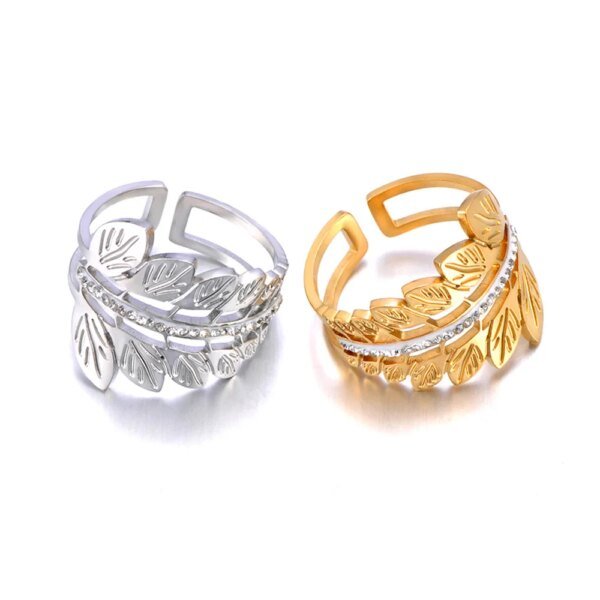LeafSpark - Rhinestone Leaves Stainless Steel Stylish Ring, Handmade Metal Texture, Waterproof Golden Jewelry for Women, Gala