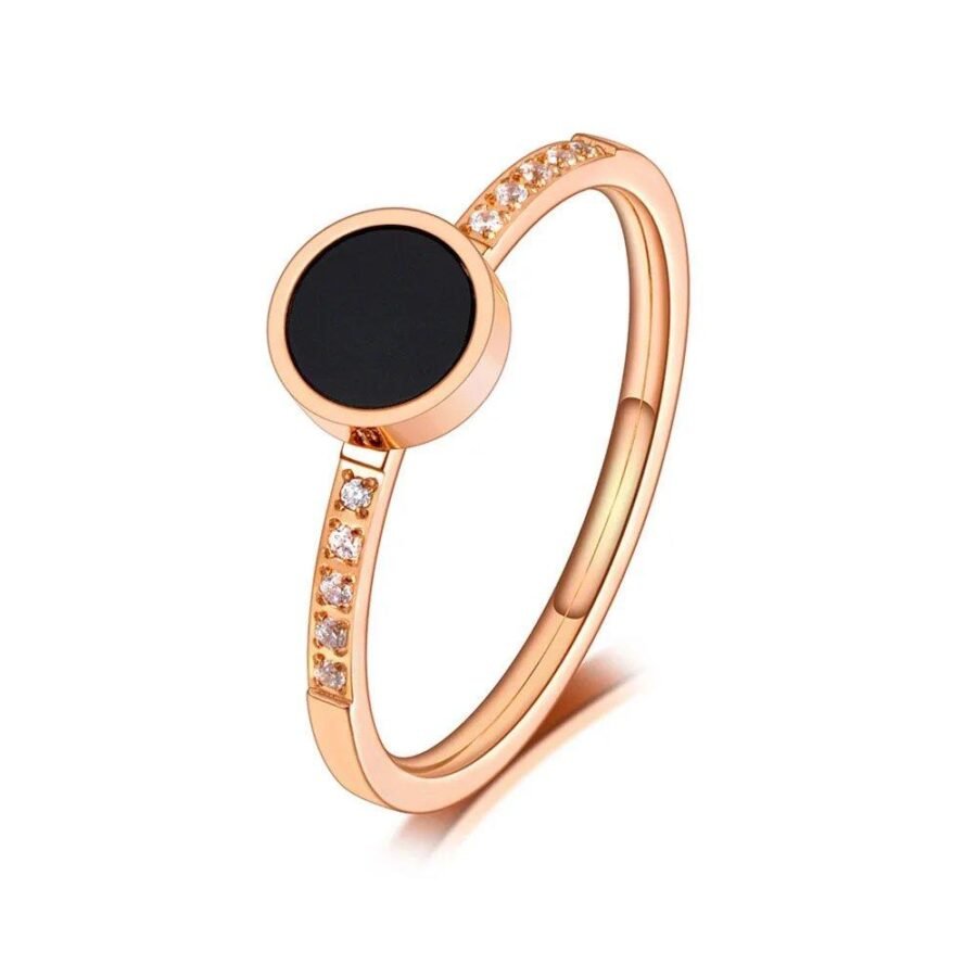 Chic Disc Charisma - Trendy Titanium Stainless Steel Black Acrylic Circle Rings with CZ Crystal, Anniversary Party Ring for Women