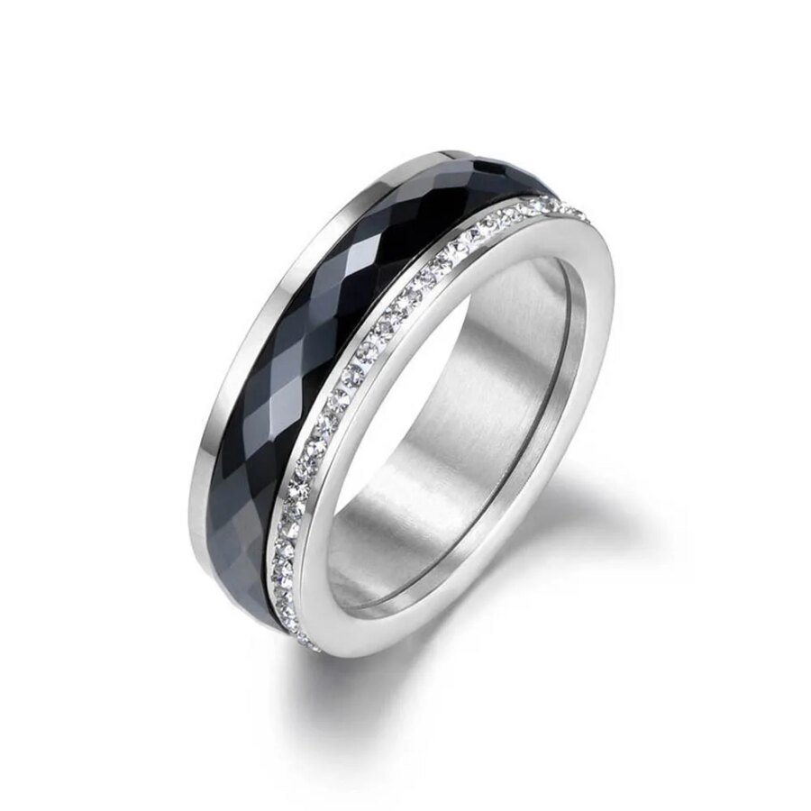 Timeless Elegance - Classic Titanium Stainless Steel White/Black Ceramics Ring with CZ Crystal Wedding Engagement Rings for Women
