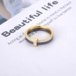 Black/White Ceramic Crystal Wedding Rings - Rose Gold Plated Stainless Steel Rhinestone Engagement