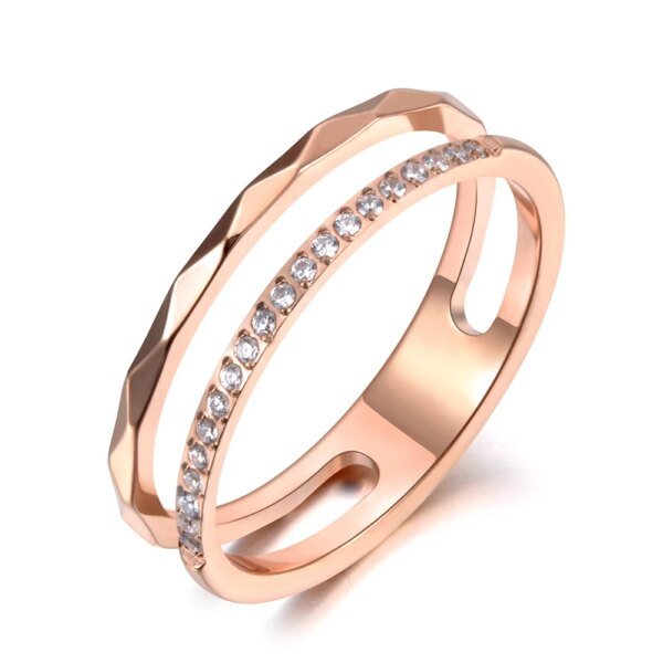 Titanium Stainless Steel Cut Face Ring - Trendy Mosaic CZ Crystal Rose Gold Color Wedding Rings Jewelry For Women