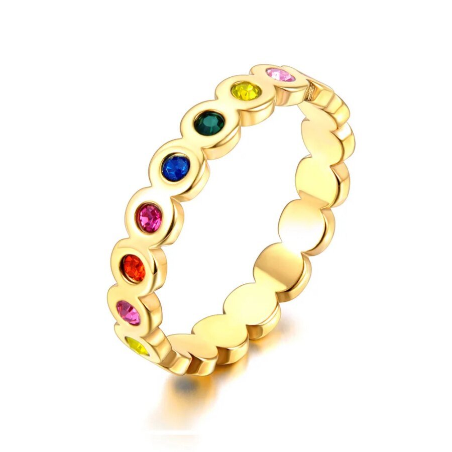 Fashion Colourful Cubic Zirconia Stainless Steel Rainbow Ring - Women's Charm Bling Luxury CZ Zircon Jewelry - New Collection