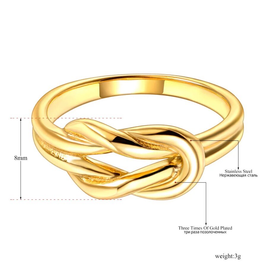 Real 18K Gold Plated Stainless Steel Creative Knot Ring - Women's Fashion Statement Handmade Cast Jewelry