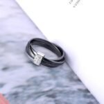 3-Layer Black/White Ceramic Crystal Wedding Rings - Rose Gold Color Stainless Steel Rhinestone Engagement Jewelry