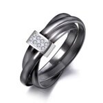 3-Layer Black/White Ceramic Crystal Wedding Rings - Rose Gold Color Stainless Steel Rhinestone Engagement Jewelry