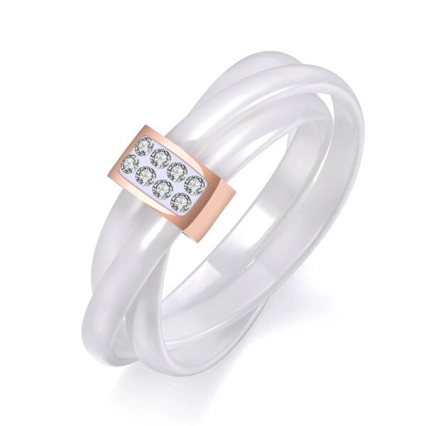 3-Layer Black/White Ceramic Crystal Wedding Rings - Rose Gold Color Stainless Steel Rhinestone Engagement Jewelry