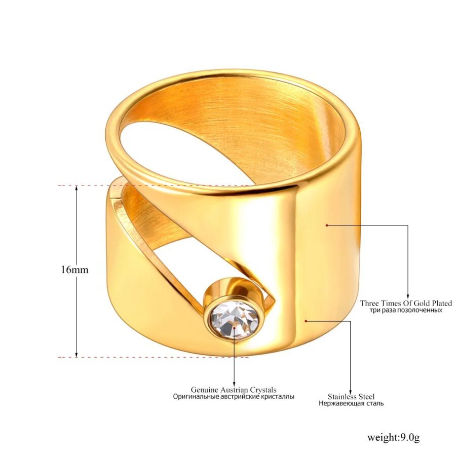 Stainless Steel 18K Gold Plated CZ Crystal Rings - Handmade Metal Cut Waterproof Jewelry for Women with Free Shipping