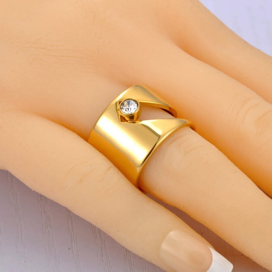 Stainless Steel 18K Gold Plated CZ Crystal Rings - Handmade Metal Cut Waterproof Jewelry for Women