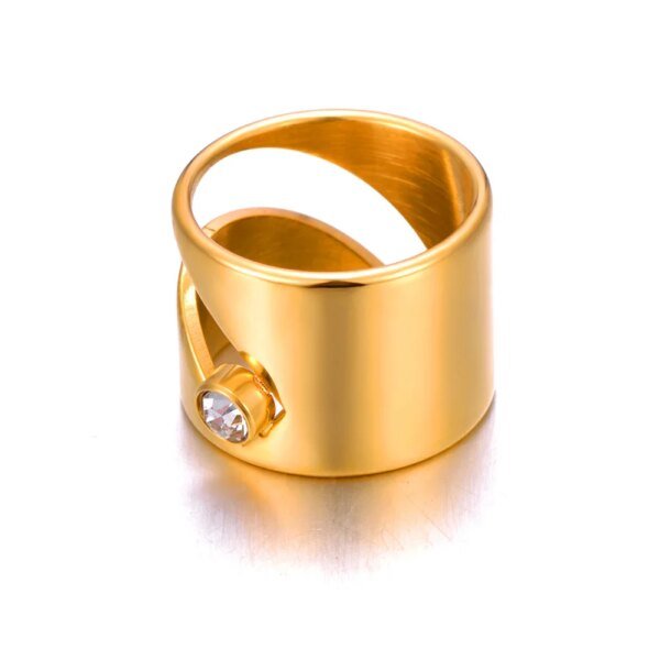 Stainless Steel 18K Gold Plated CZ Crystal Rings - Handmade Metal Cut Waterproof Jewelry for Women