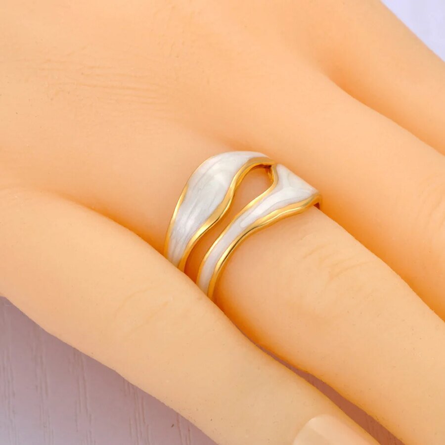 Trendy White Black Enamel Irregular Open Rings - Stainless Steel Waterproof Women's Jewelry