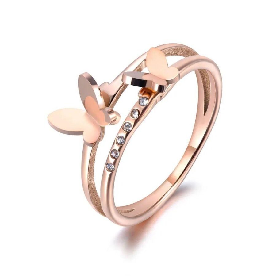 OL Design Stainless Steel Double Butterfly Ring – Rose Gold Plated Micro Pave CZ Crystal Anniversary Rings for Women