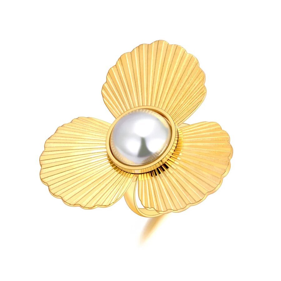 Fashion Stainless Steel Flower Imitation Pearls Ring For Women Waterproof 18K Gold Color Hyperbolic Trendy Jewelry