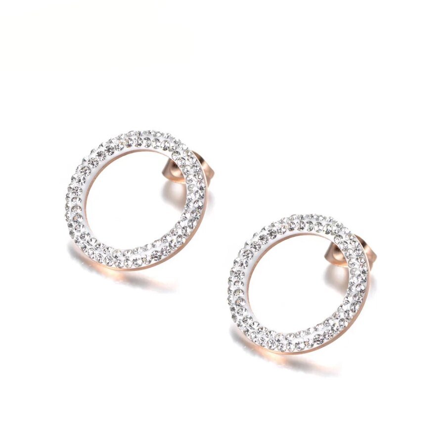 Stylish Stainless Steel Jewelry - Shiny White/Black Clay Crystal Earrings in Rose Gold, Round Shape for a Perfect Christmas Gift