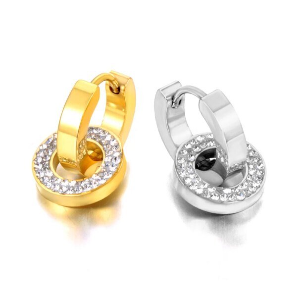 Chic Stainless Steel Double Circle Hoop Earrings – Trendy Geometric Statement Rhinestone Jewelry for Women