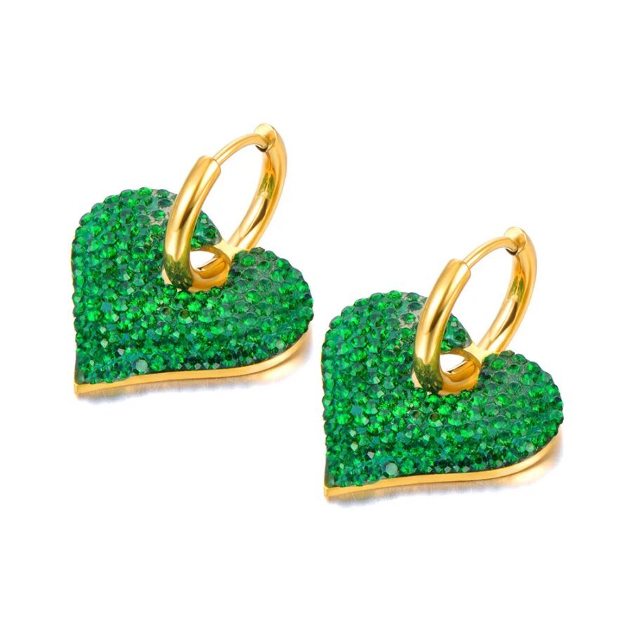 Radiant Green/White Rhinestone Heart Hoop Earrings - Stainless Steel Wedding Earrings for Brides