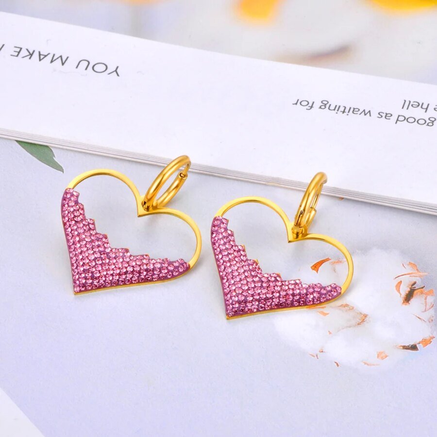 Elegant Pink/White Rhinestone Heart Hoop Earrings - Stainless Steel Wedding Earrings for Brides