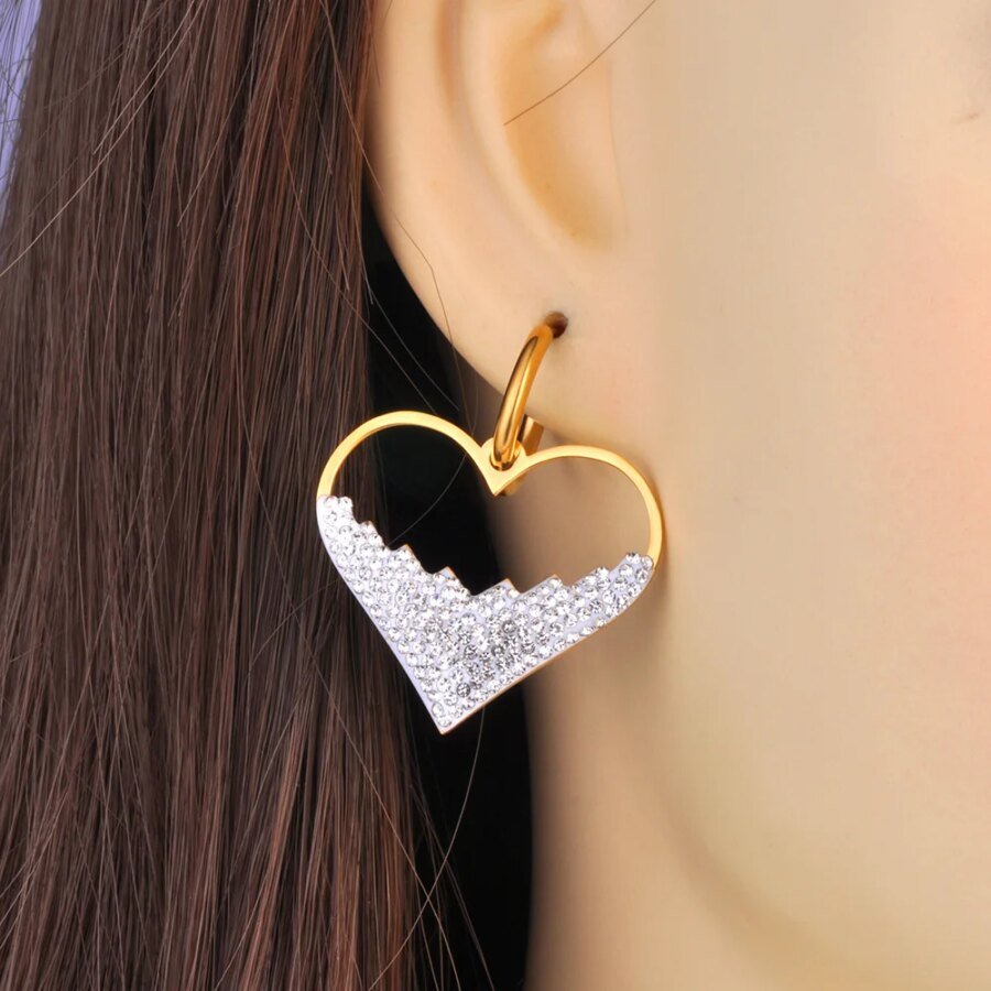 Elegant Pink/White Rhinestone Heart Hoop Earrings - Stainless Steel Wedding Earrings for Brides