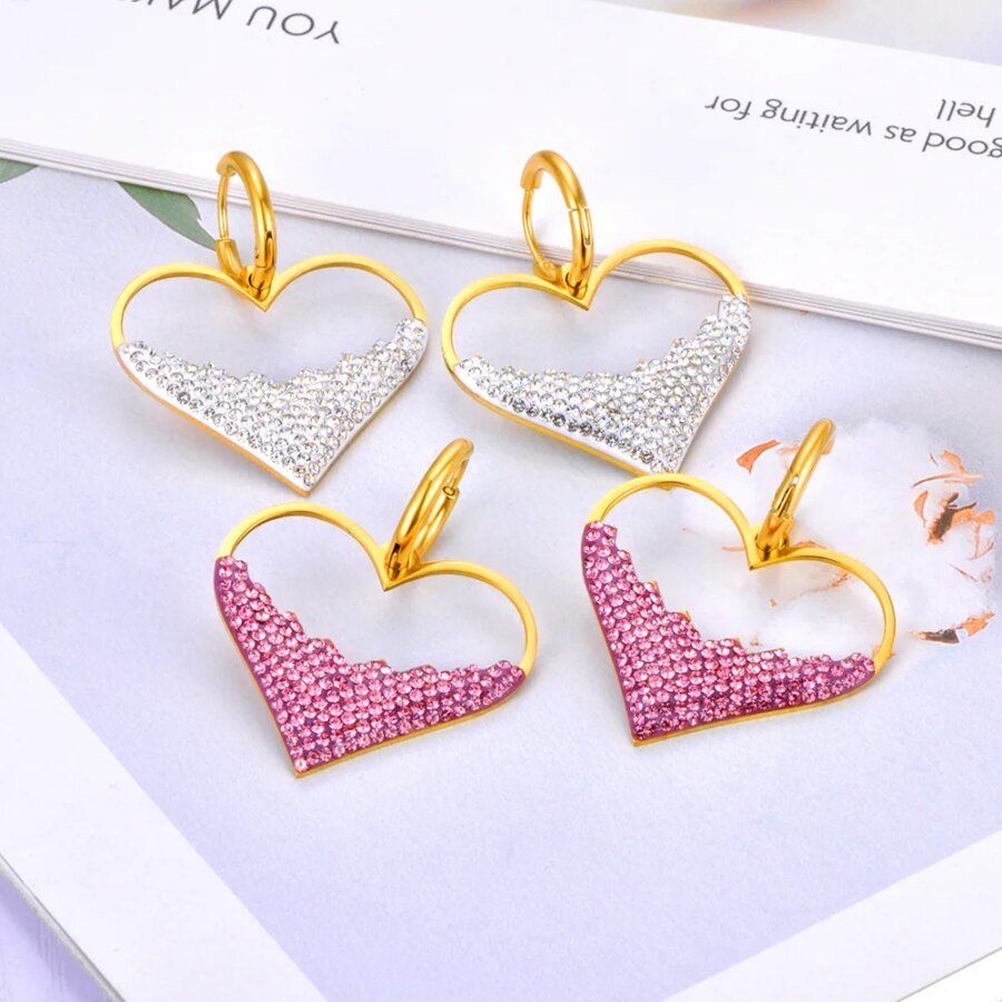 Elegant Pink/White Rhinestone Heart Hoop Earrings - Stainless Steel Wedding Earrings for Brides