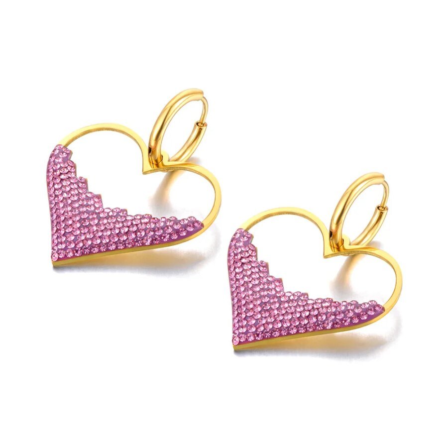 Elegant Pink/White Rhinestone Heart Hoop Earrings - Stainless Steel Wedding Earrings for Brides