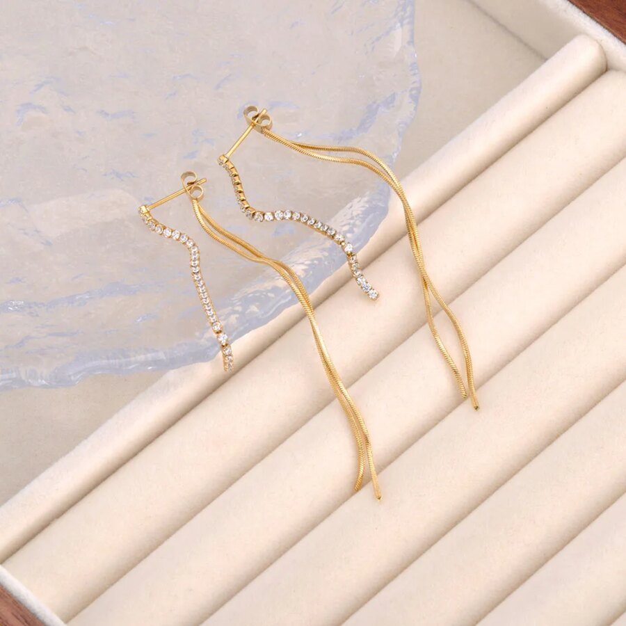 Chic Stainless Steel Cubic Zirconia Tassel Drop Dangle Earrings - Trendy Hypoallergenic Jewelry for Women's Parties