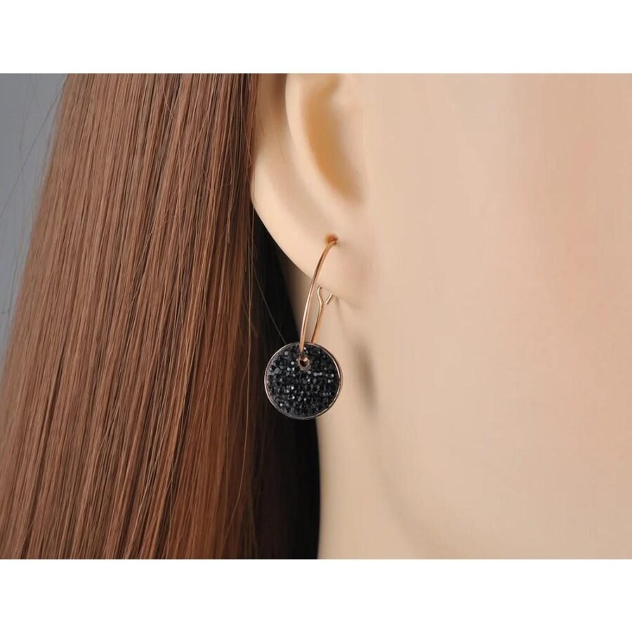 Chic Stainless Steel Hoop Earrings - White & Black Round Clay Crystals, Rose Gold Color, Perfect for Party, Wedding Gift