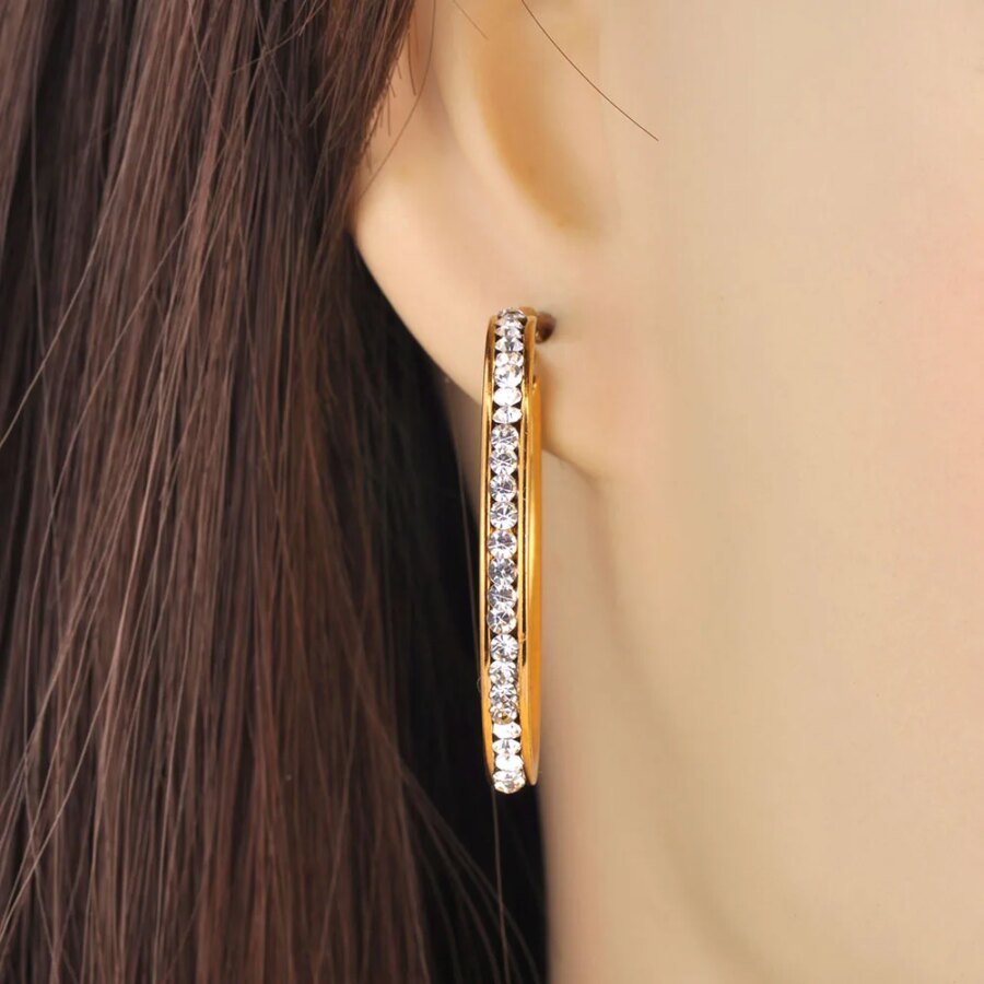 Chic Stainless Steel 35/25mm Hoop Earrings - Gold Color, Cubic Zirconia, Waterproof Texture, Geometric Jewelry for Women