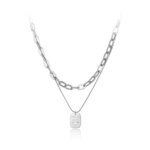 Stylish Stainless Steel Square Charm Pendant Necklace - Fashion Double Layer Bohemia Link Chain Choker for Women