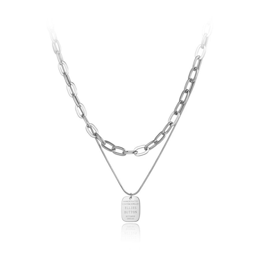 Stylish Stainless Steel Square Charm Pendant Necklace - Fashion Double Layer Bohemia Link Chain Choker for Women