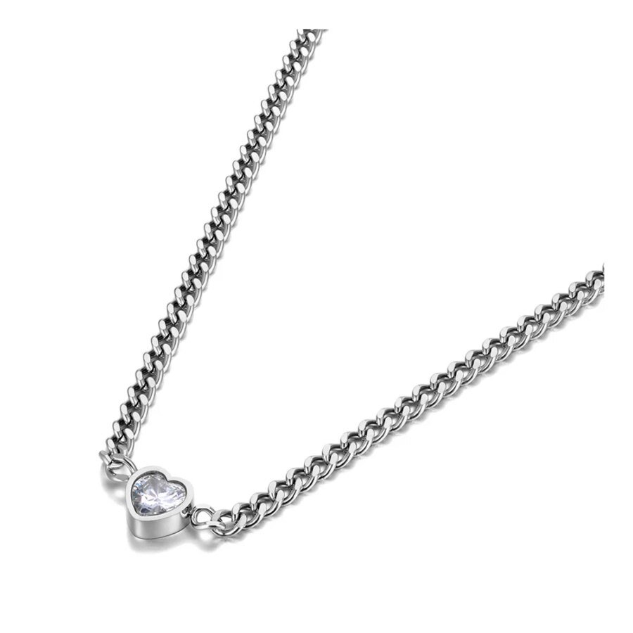 Chic Titanium Stainless Steel Love Heart Choker Necklace - Trendy Chain Link Pendant with CZ Crystal Charm, Women's Fashion Jewelry