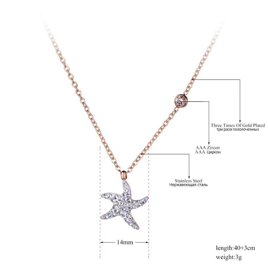 Stylish Rose Gold Stainless Steel Starfish Pendant Choker Necklace – Trendy CZ Rhinestone Clay, Fashion Jewelry for Women