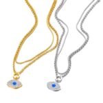 Chic Stainless Steel Double Chain Necklace - Trendy Rhinestone Blue Eyes Pendant, Fashion Jewelry for Women (Collares para mujer)